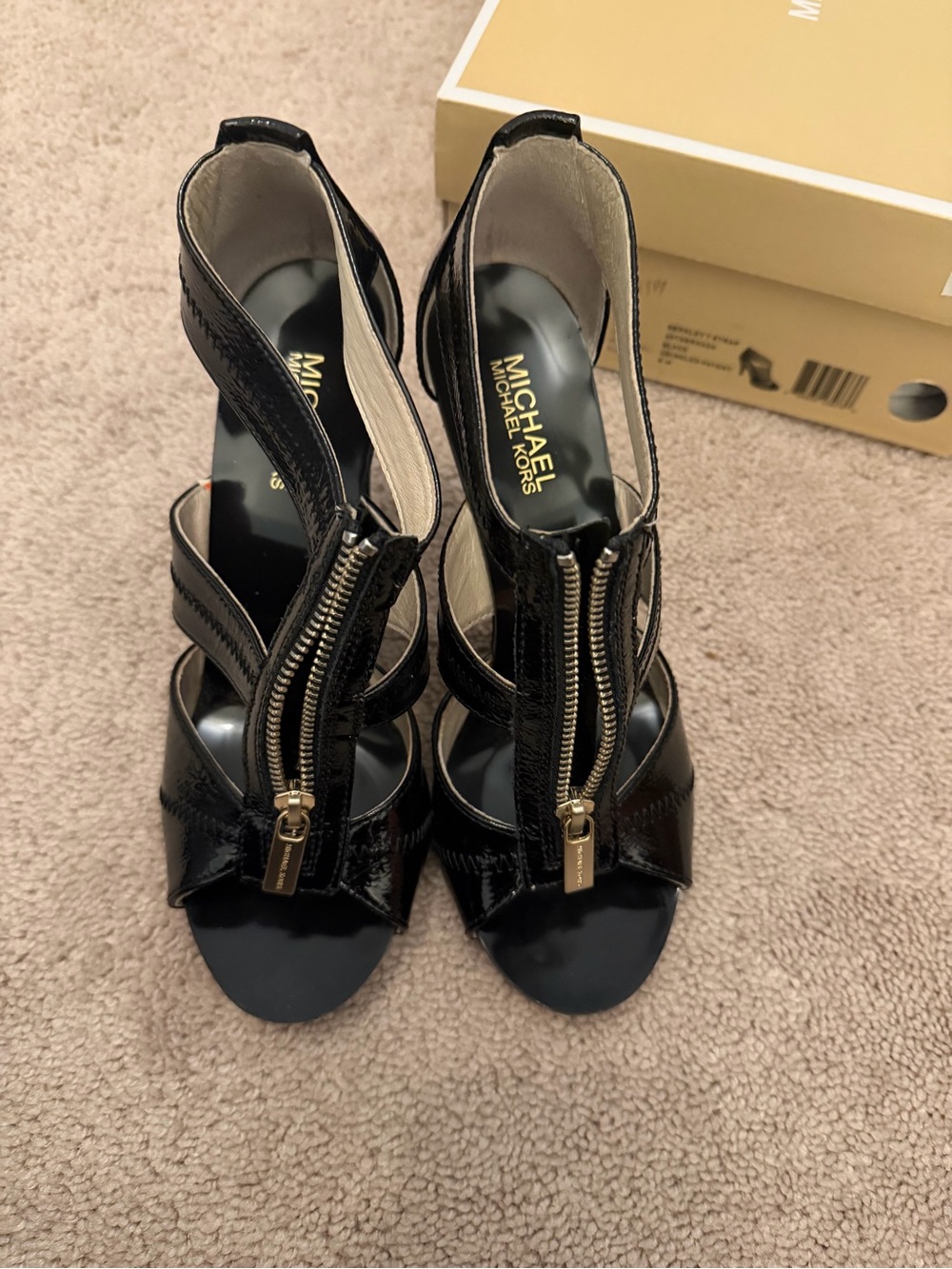 Michael Kors Black Patent Leather Zip-Strap Heels